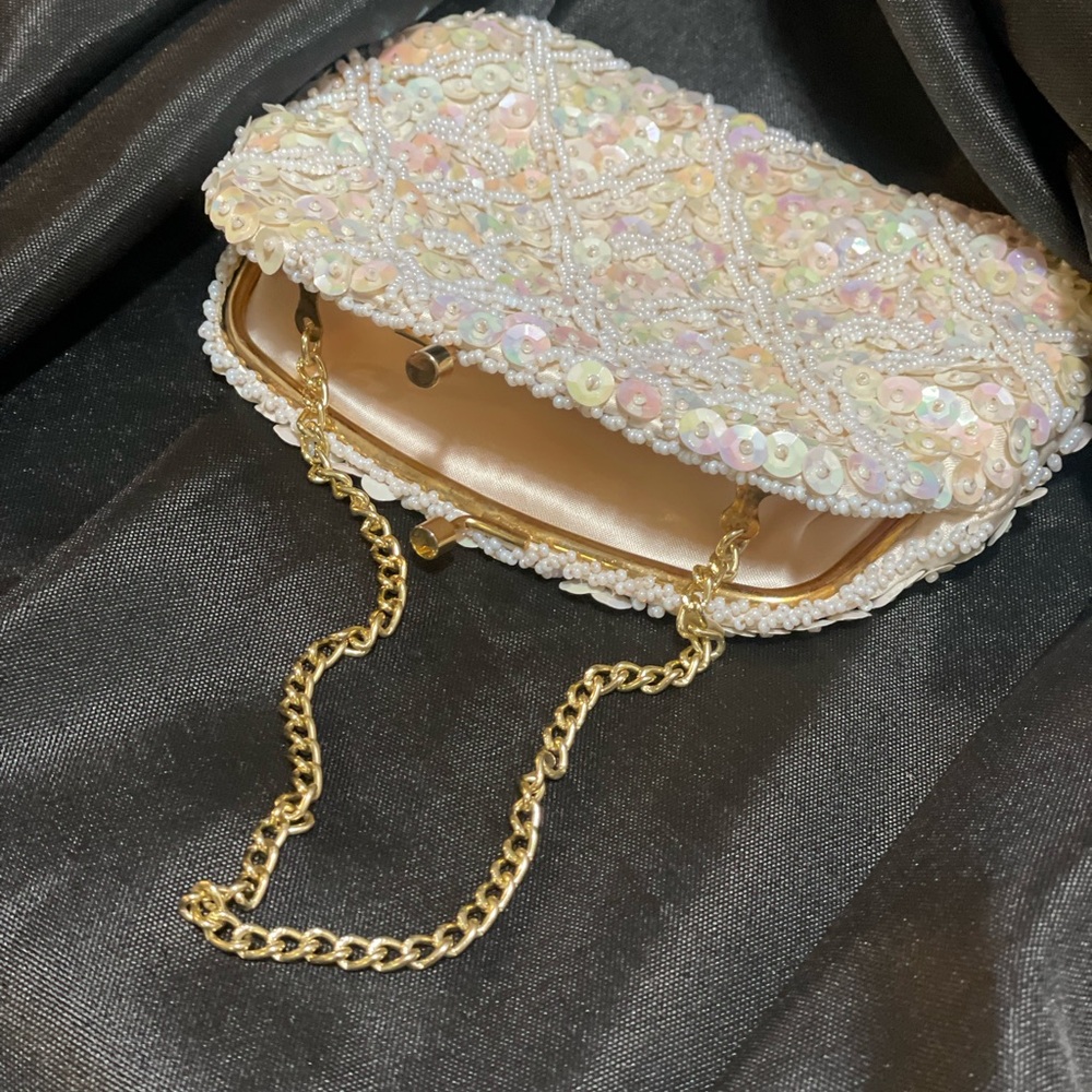 Vintage Ivory Beaded with Sequins Clutch with Gold Chain